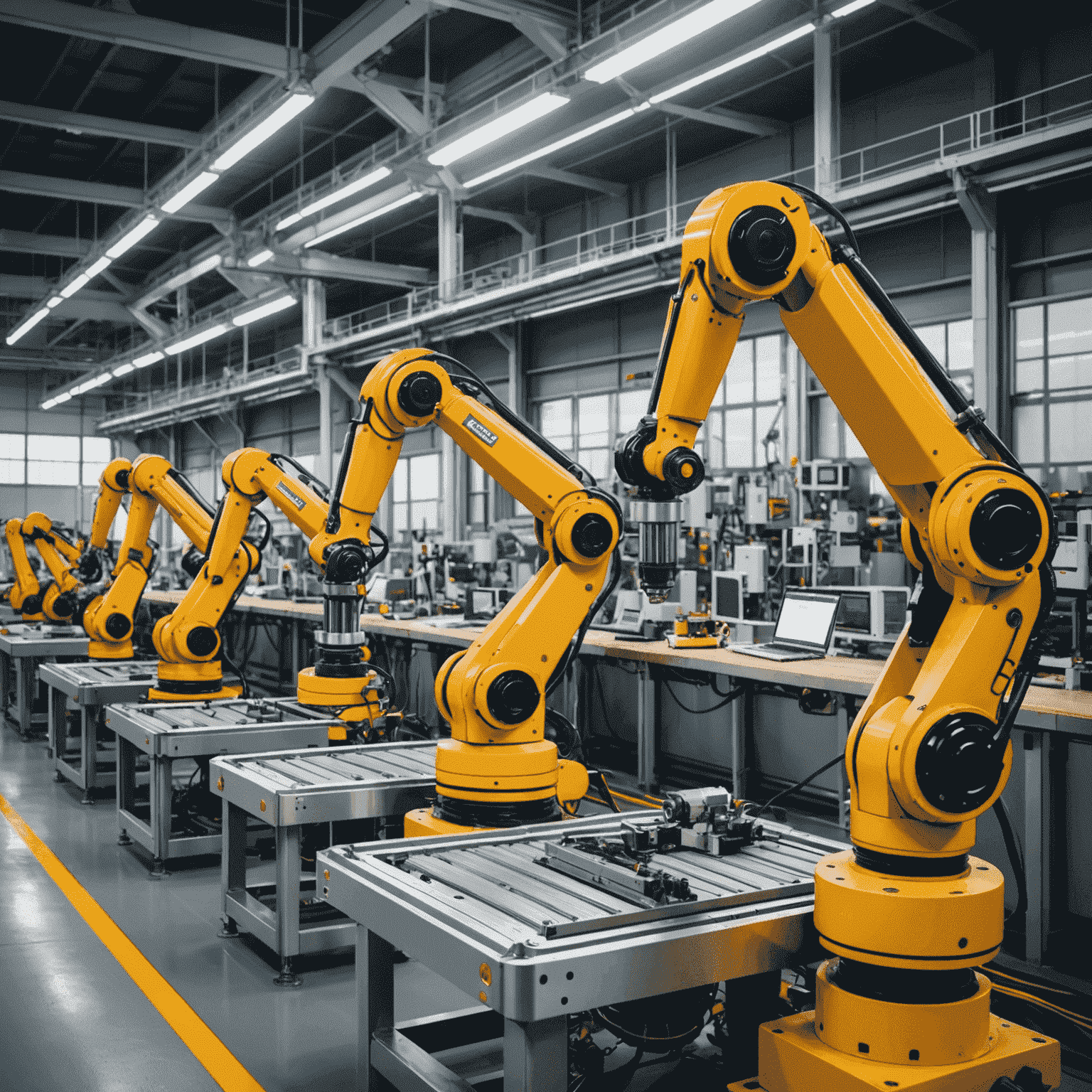 Industrial robots working on a manufacturing assembly line, showcasing their precision and efficiency in modern factories.