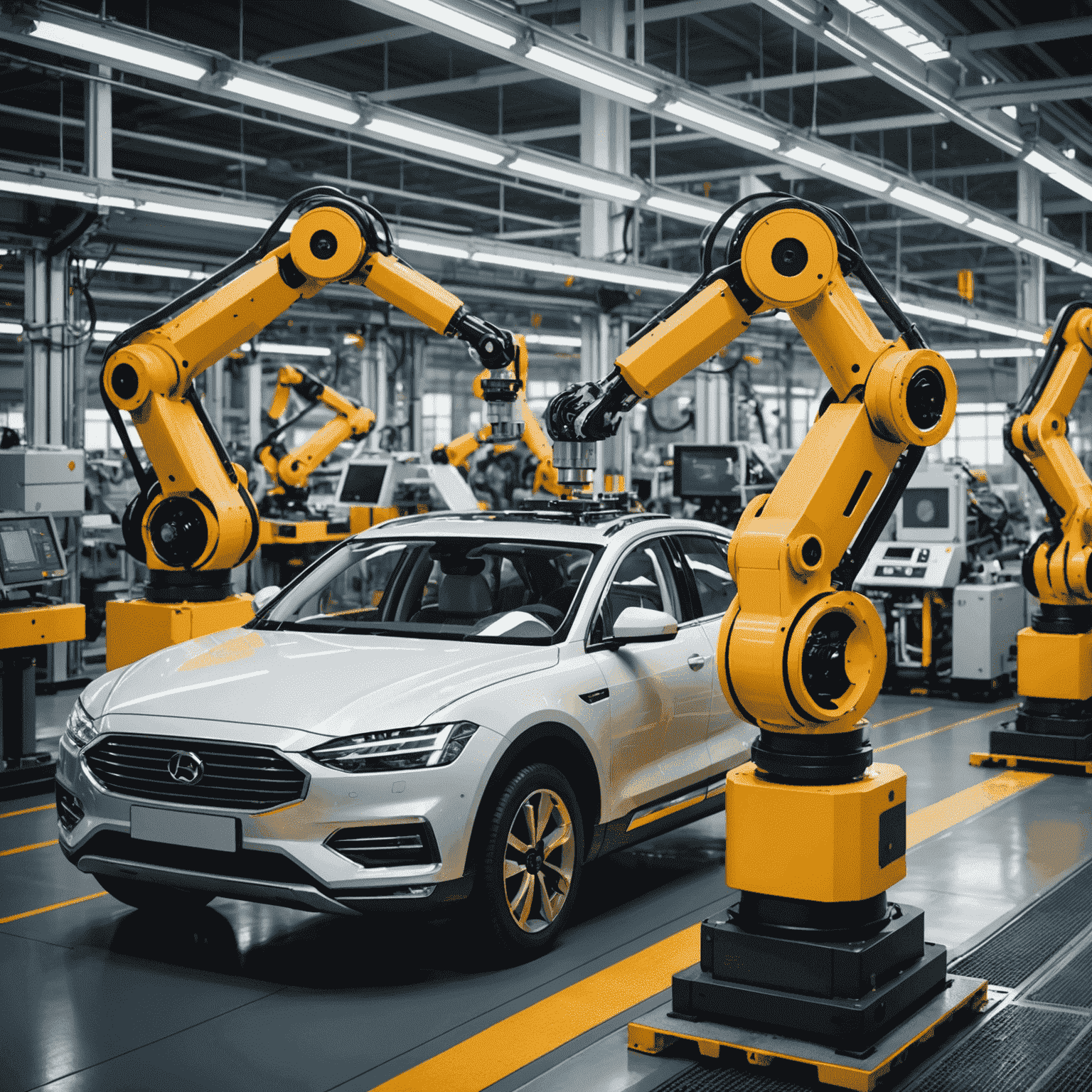 Industrial robots working on a car assembly line in a modern factory