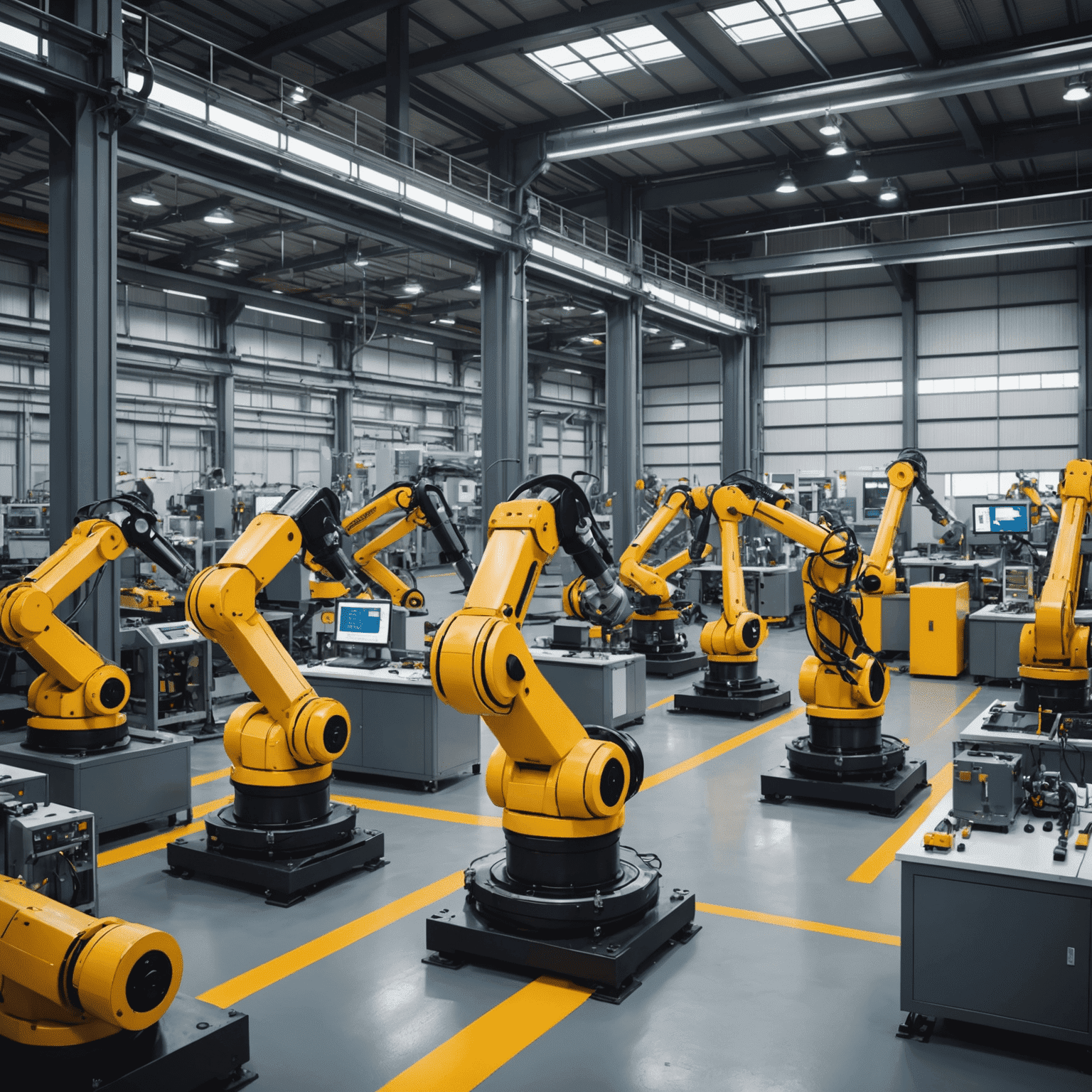 A factory floor with various types of industrial robots working on manufacturing tasks, including articulated robots, SCARA robots, and delta robots.