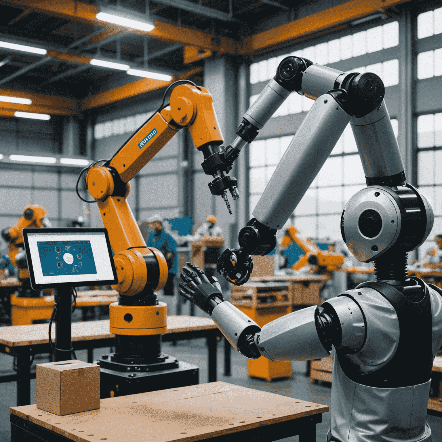 A collaborative robot, also known as a cobot, working alongside a human worker in an industrial setting. The robot is assisting with assembly tasks, showcasing the safe and efficient collaboration between humans and machines in modern manufacturing.