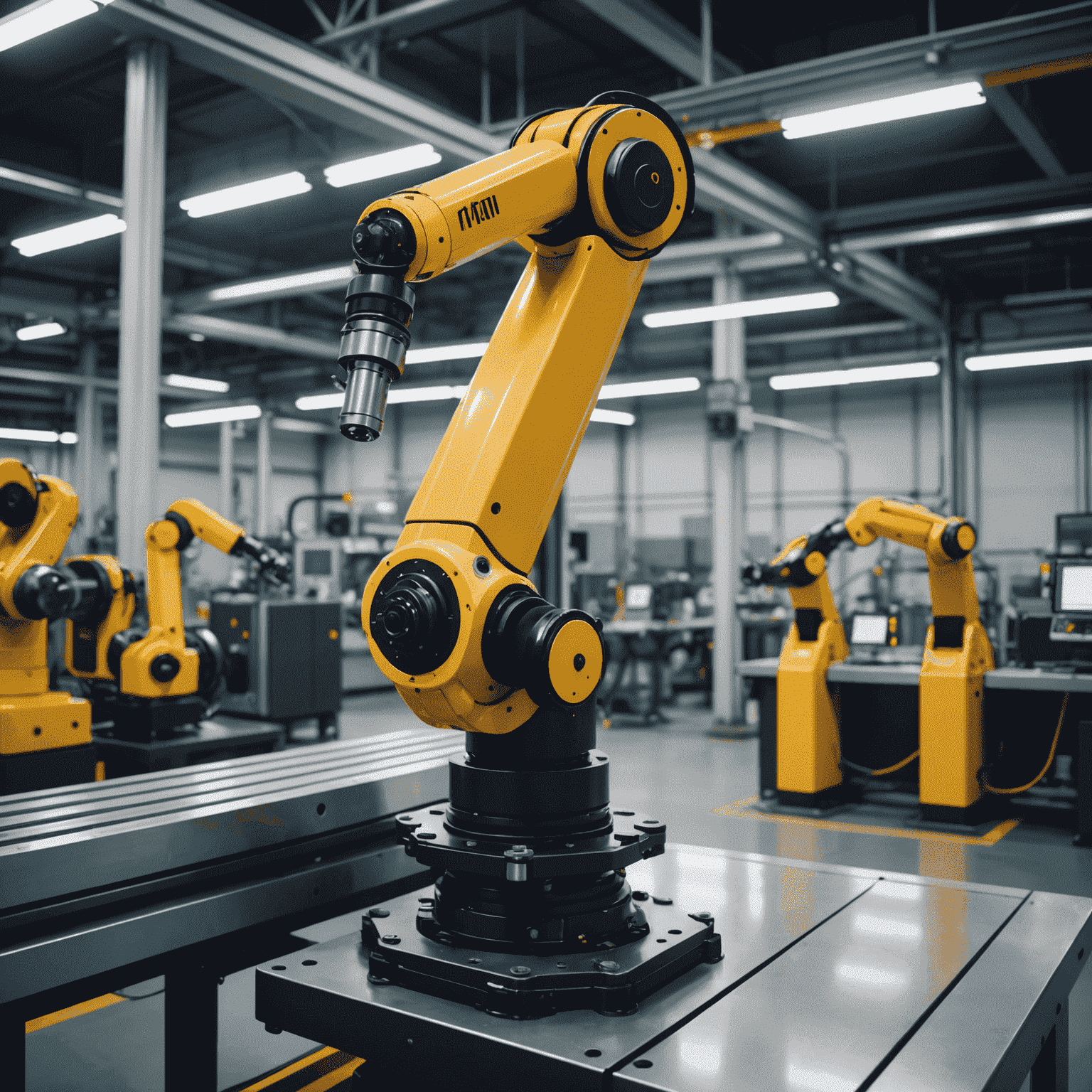 A modern industrial robot arm working on a manufacturing line, showcasing advanced sensors and AI capabilities