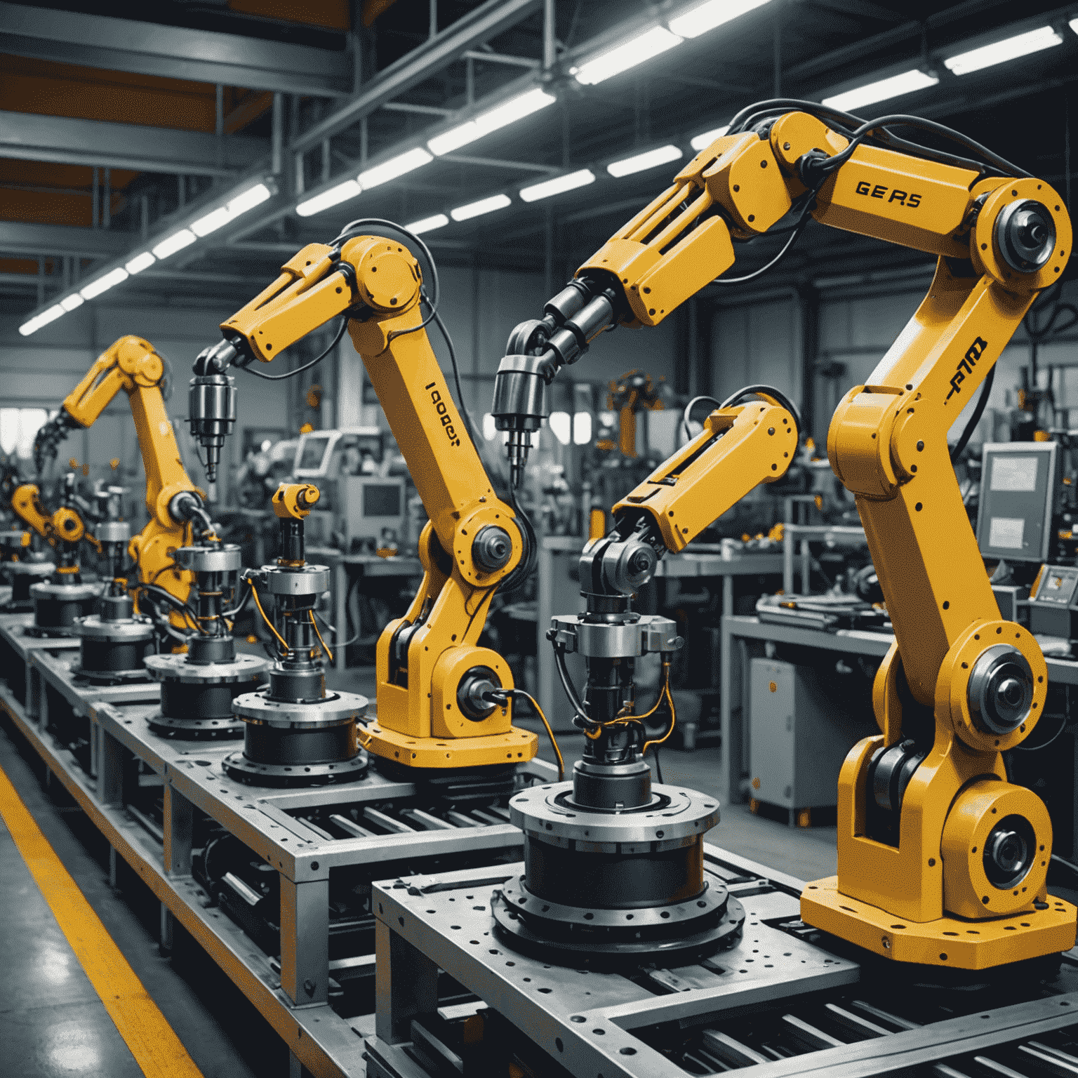 Robotic arms working on an automotive assembly line, welding and assembling car parts with precision and speed