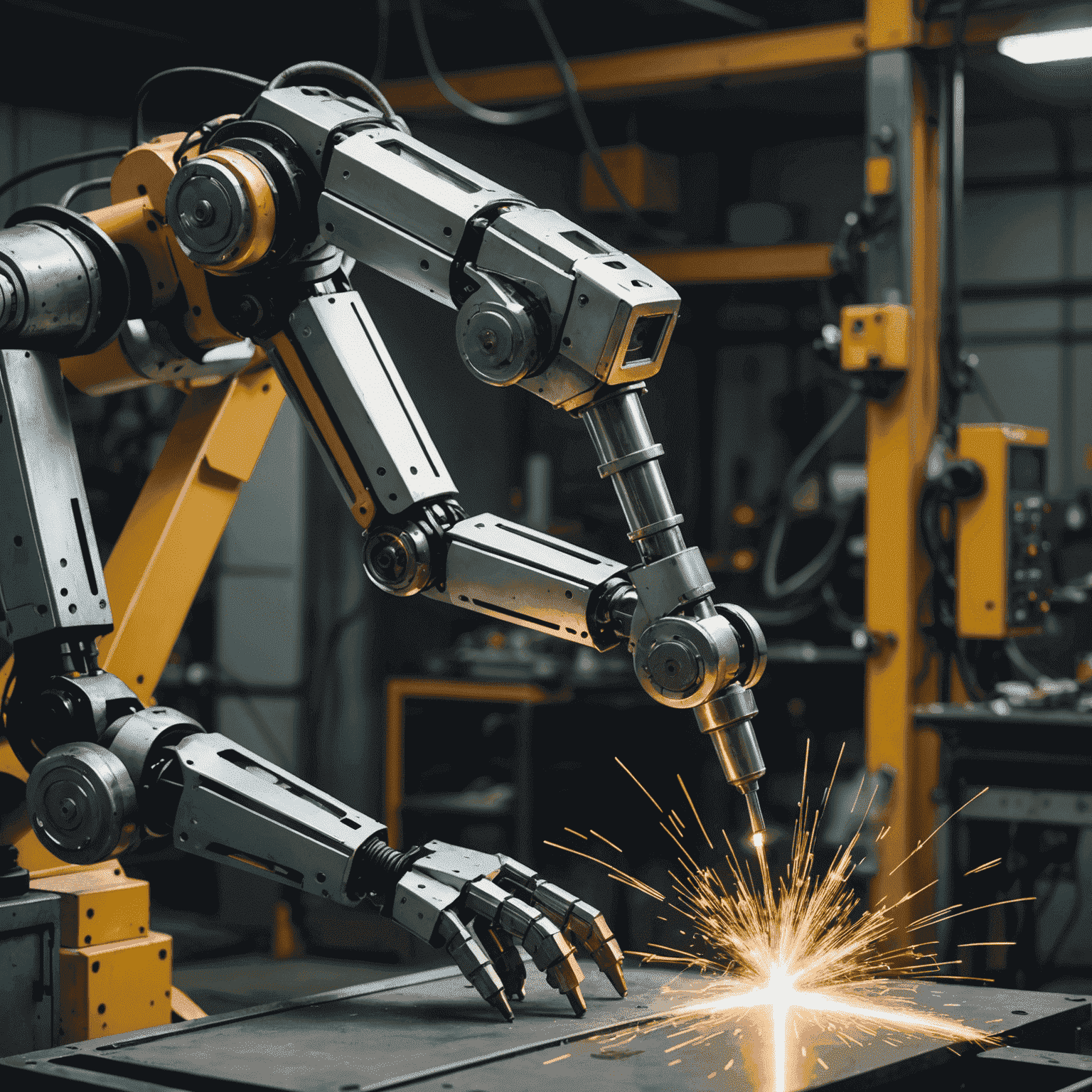 A robotic arm performing a precise welding operation on a metal component