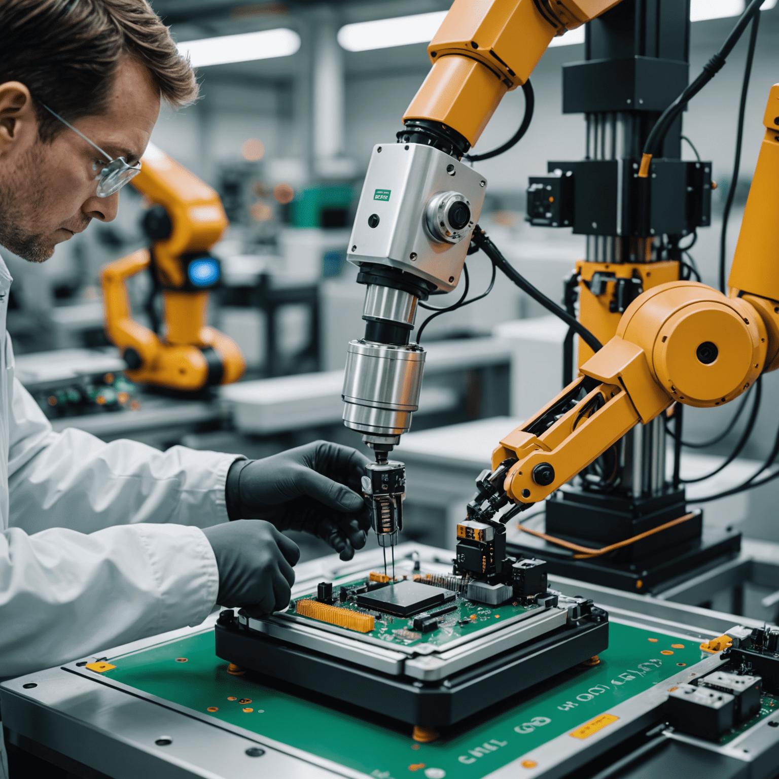 Industrial robots precisely placing tiny electronic components onto printed circuit boards in an electronics manufacturing facility