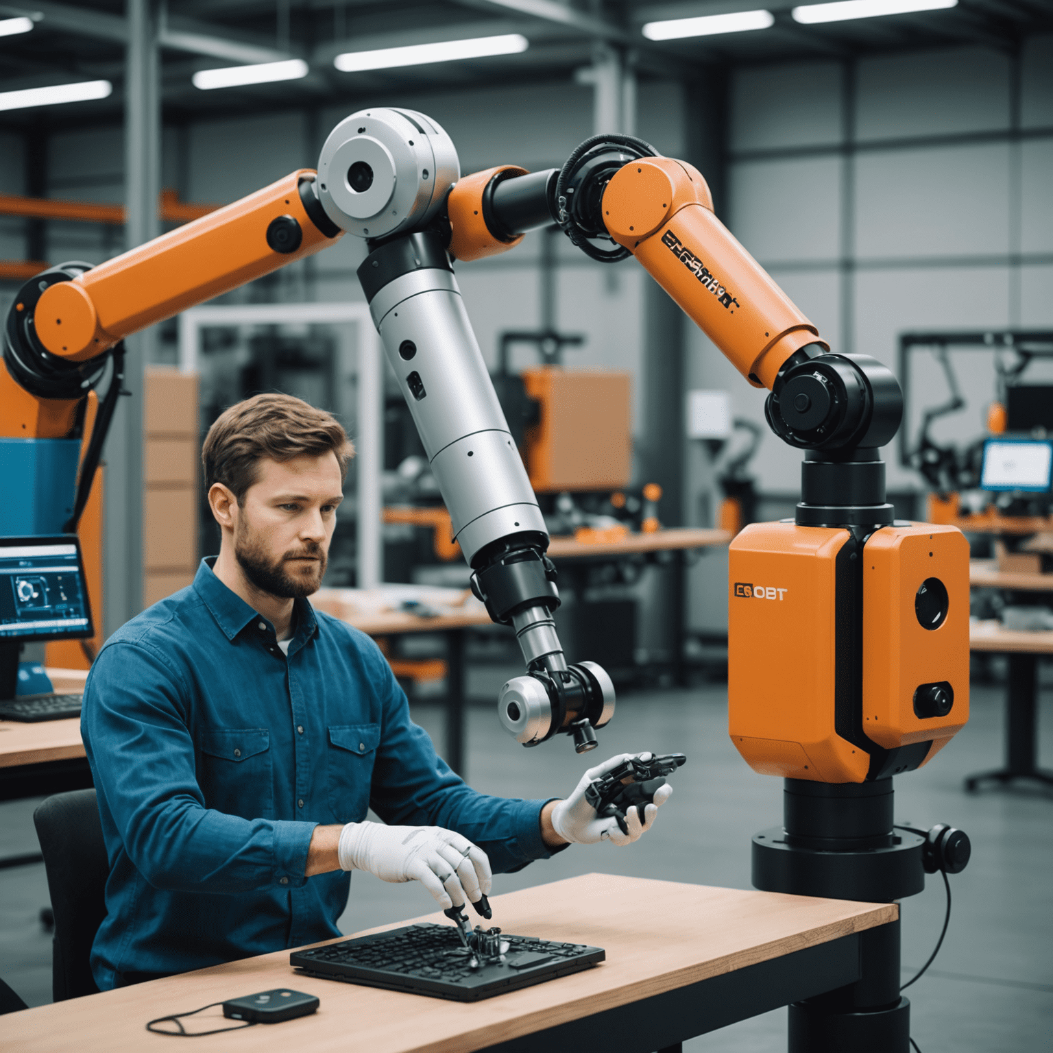 A human worker collaborating with a cobot (collaborative robot) on an assembly task, demonstrating the safe and flexible nature of human-machine collaboration.