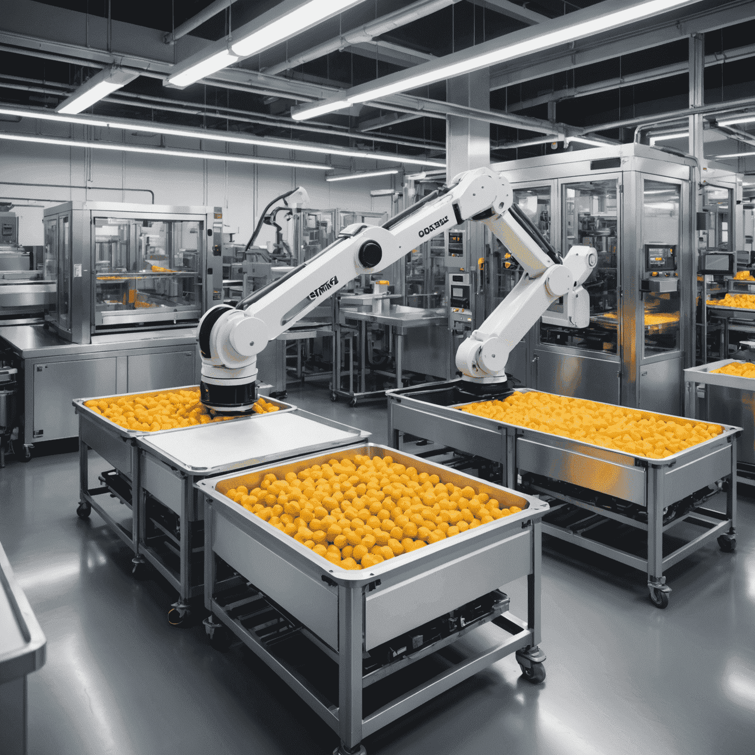 Robotic arms efficiently packaging food products into containers in a clean, temperature-controlled food processing facility