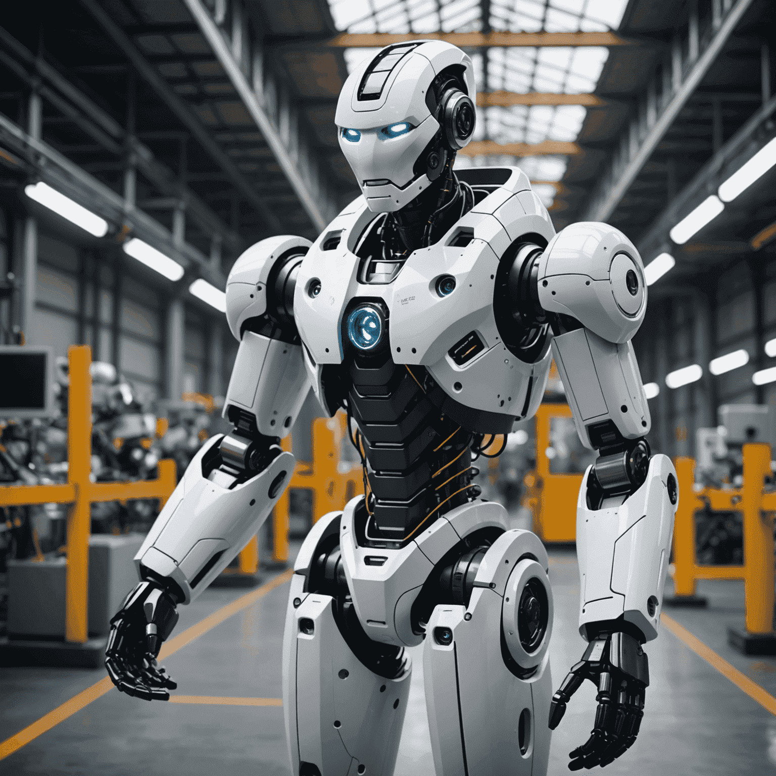 A futuristic industrial robot equipped with advanced sensors, artificial intelligence, and IoT connectivity, representing the cutting-edge innovations in industrial robotics.